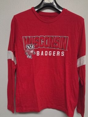 Wisconsin Badgers Red Long-Sleeve Tee with White Sleeve Stripes